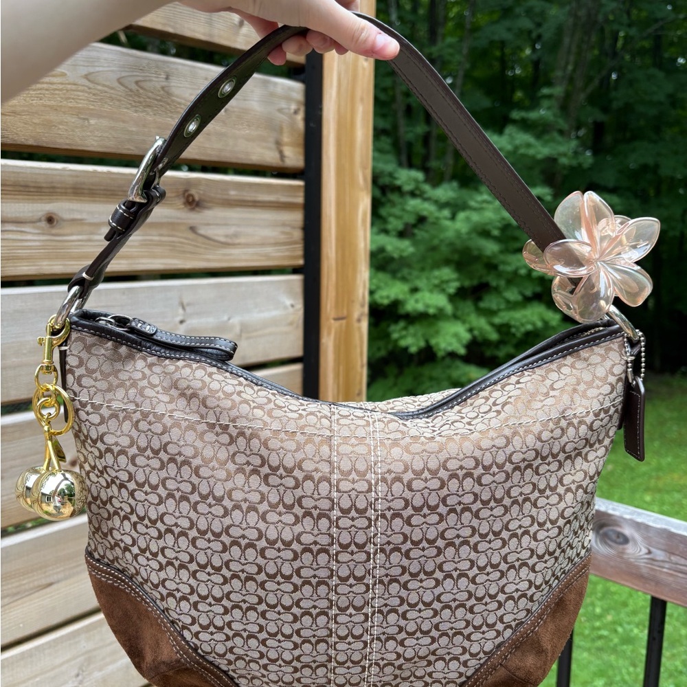 Coach Brown and Cream Shoulder Bag with Floral Accent - Picture 1 of 4